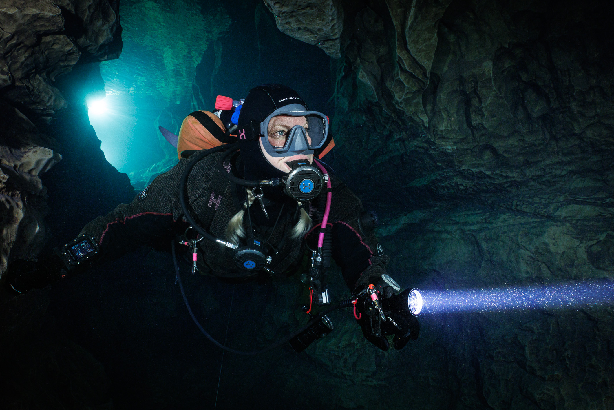 Atmospheric technical diving image inside a submerged environment